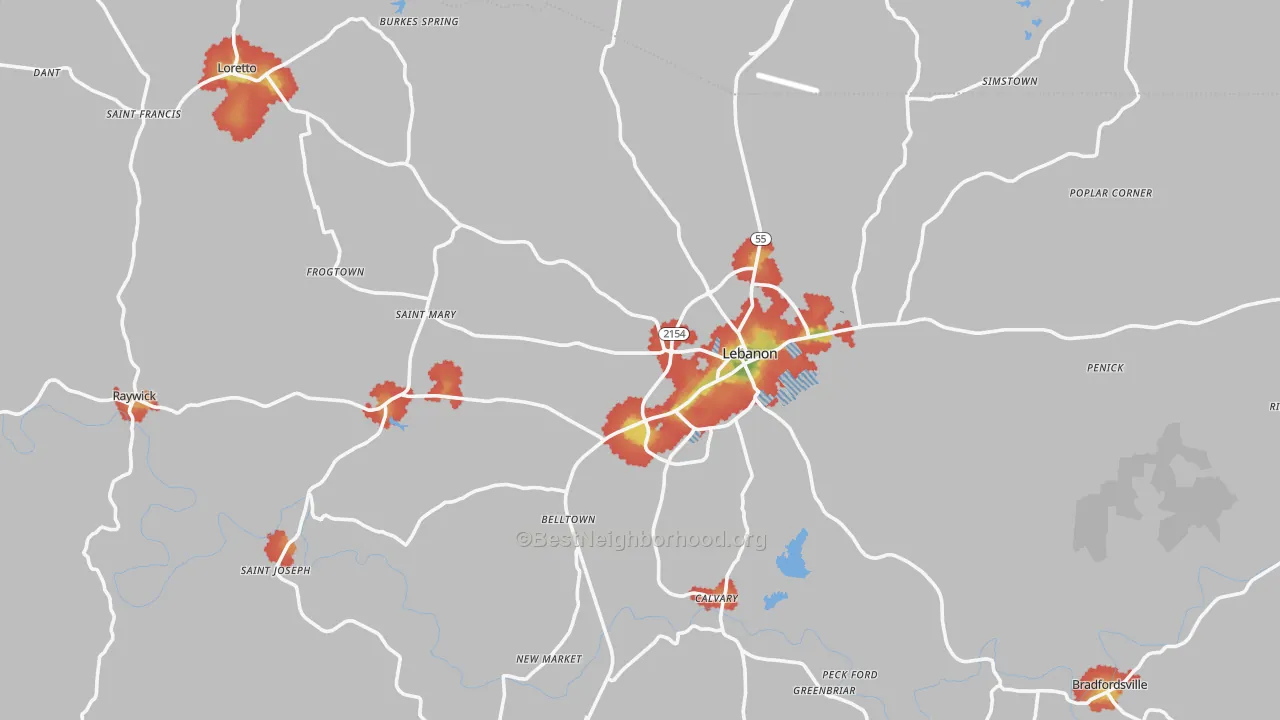 Walk Grade map of Marion County, KY, walkable areas in green and car-dependent areas in red