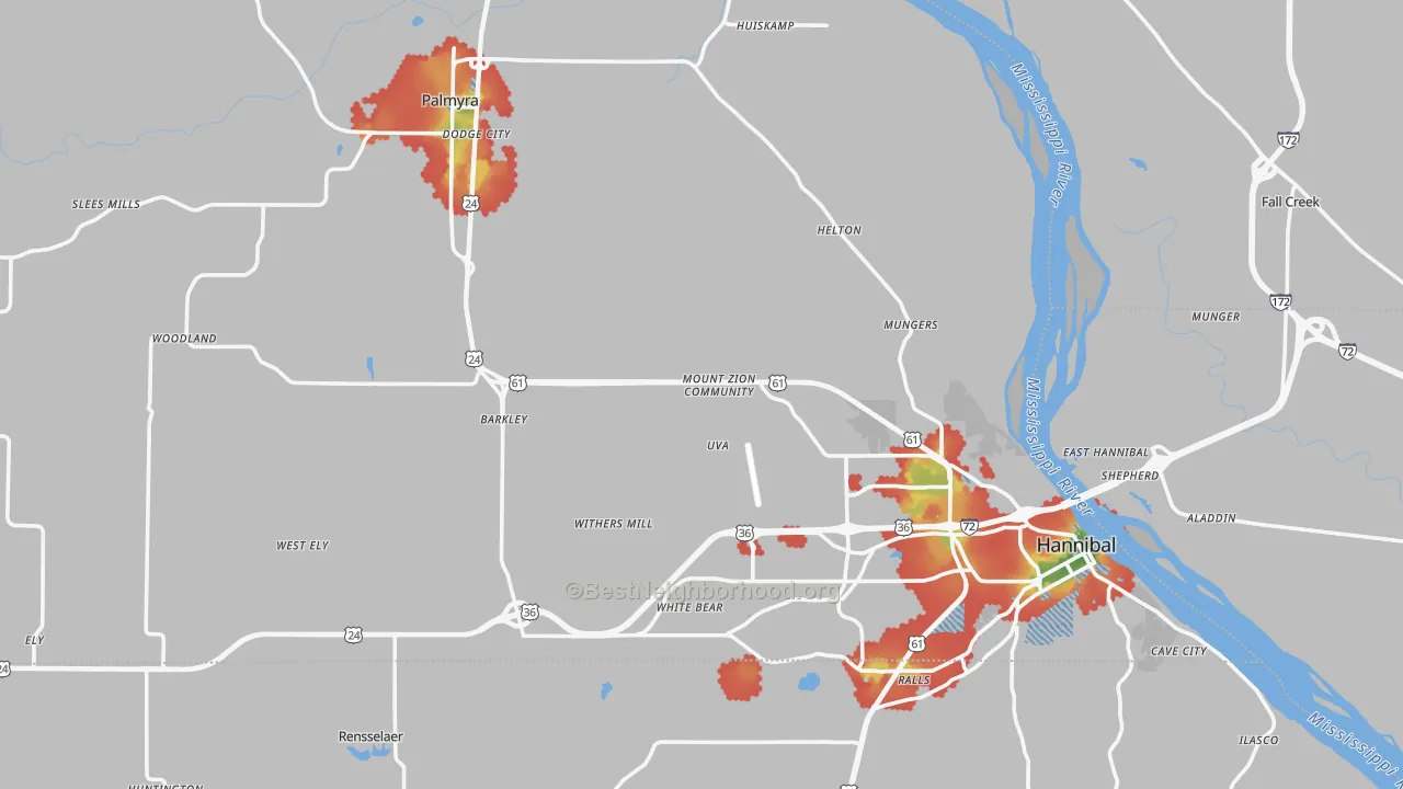 Walk Grade map of Marion County, MO, walkable areas in green and car-dependent areas in red