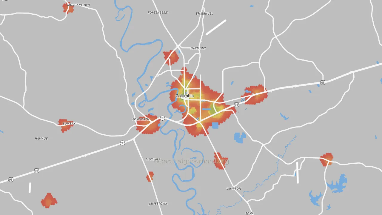 Walk Grade map of Marion County, MS, walkable areas in green and car-dependent areas in red