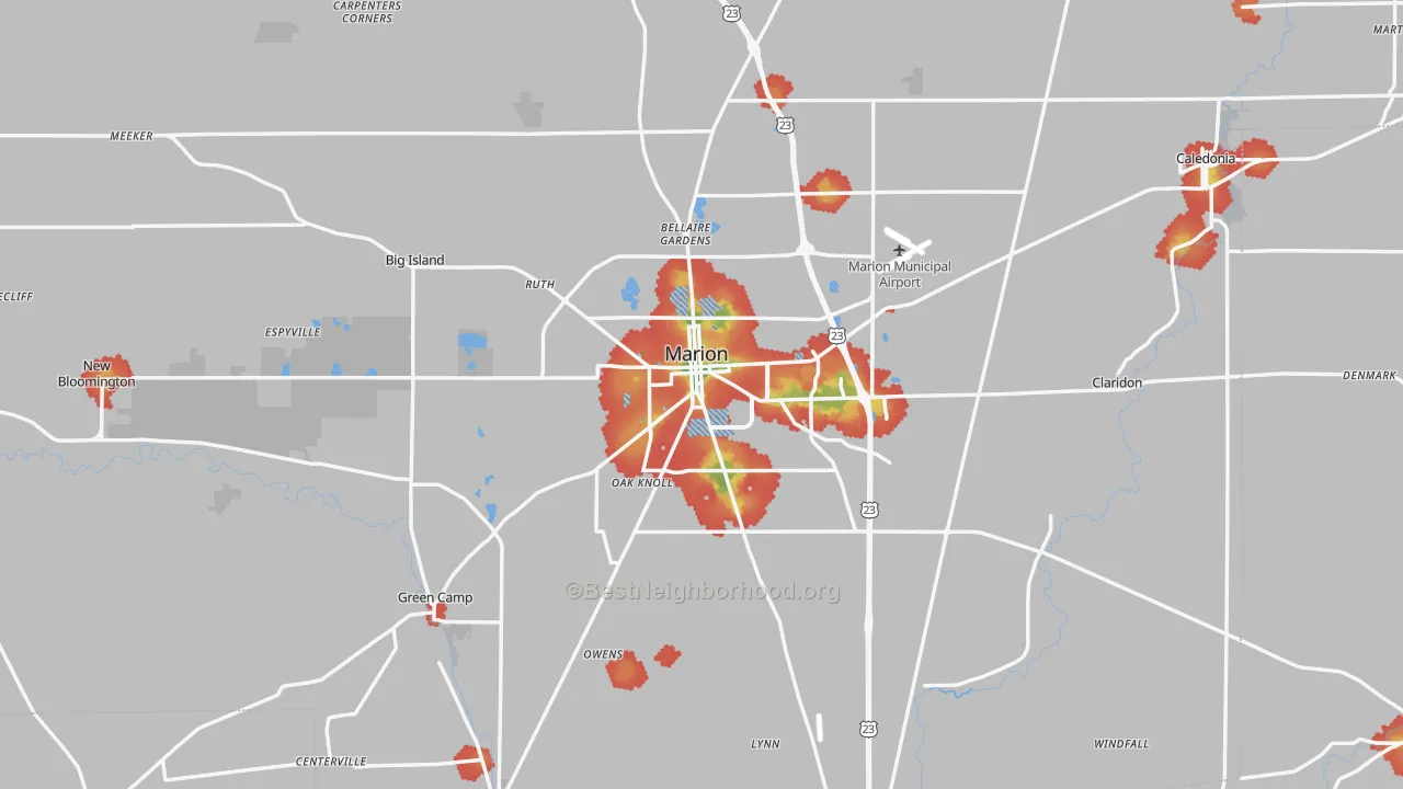 Walk Grade map of Marion County, OH, walkable areas in green and car-dependent areas in red
