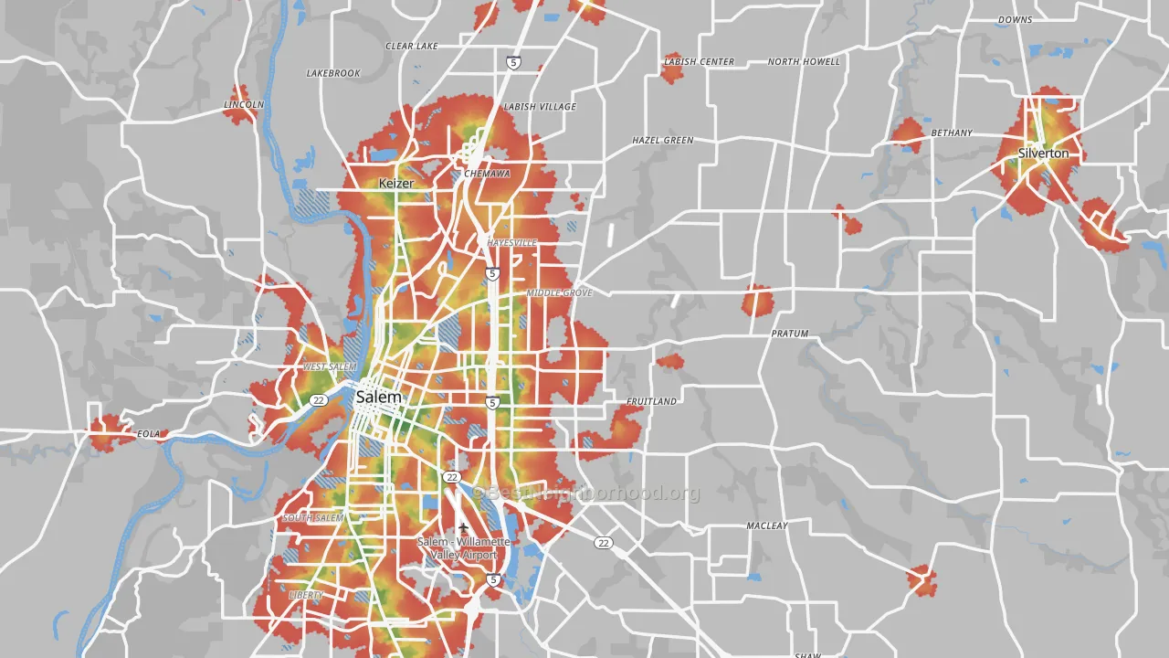 Walk Grade map of Marion County, OR, walkable areas in green and car-dependent areas in red