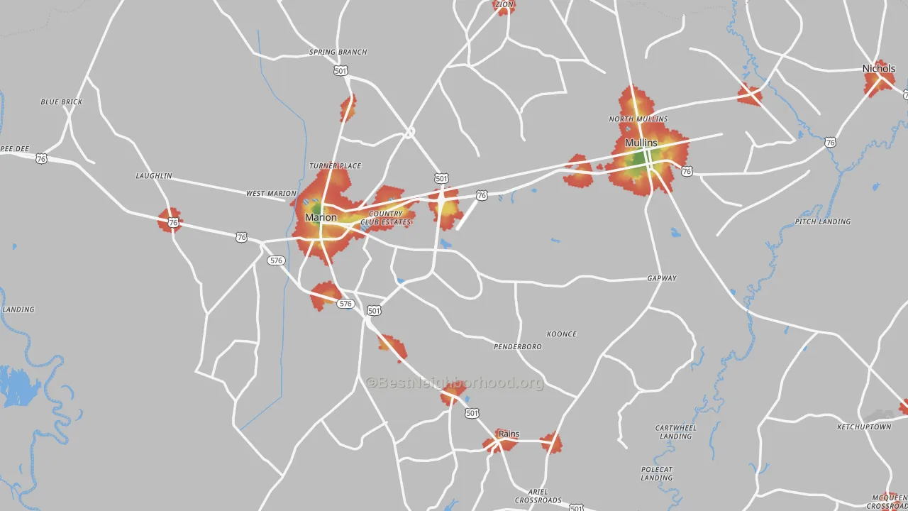 Walk Grade map of Marion County, SC, walkable areas in green and car-dependent areas in red