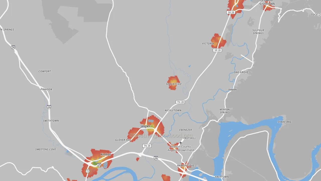 Walk Grade map of Marion County, TN, walkable areas in green and car-dependent areas in red
