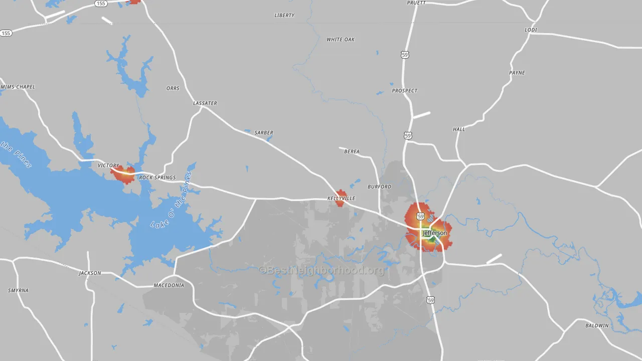 Walk Grade map of Marion County, TX, walkable areas in green and car-dependent areas in red