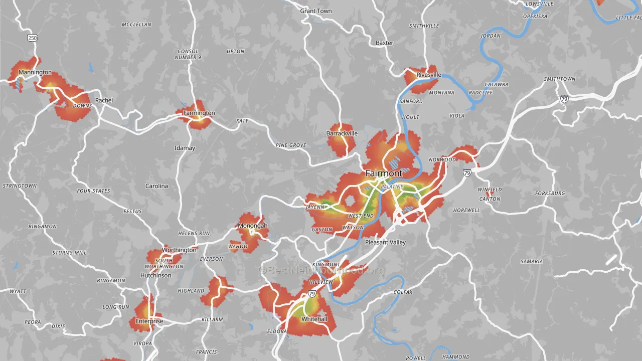 Walk Grade map of Marion County, WV, walkable areas in green and car-dependent areas in red