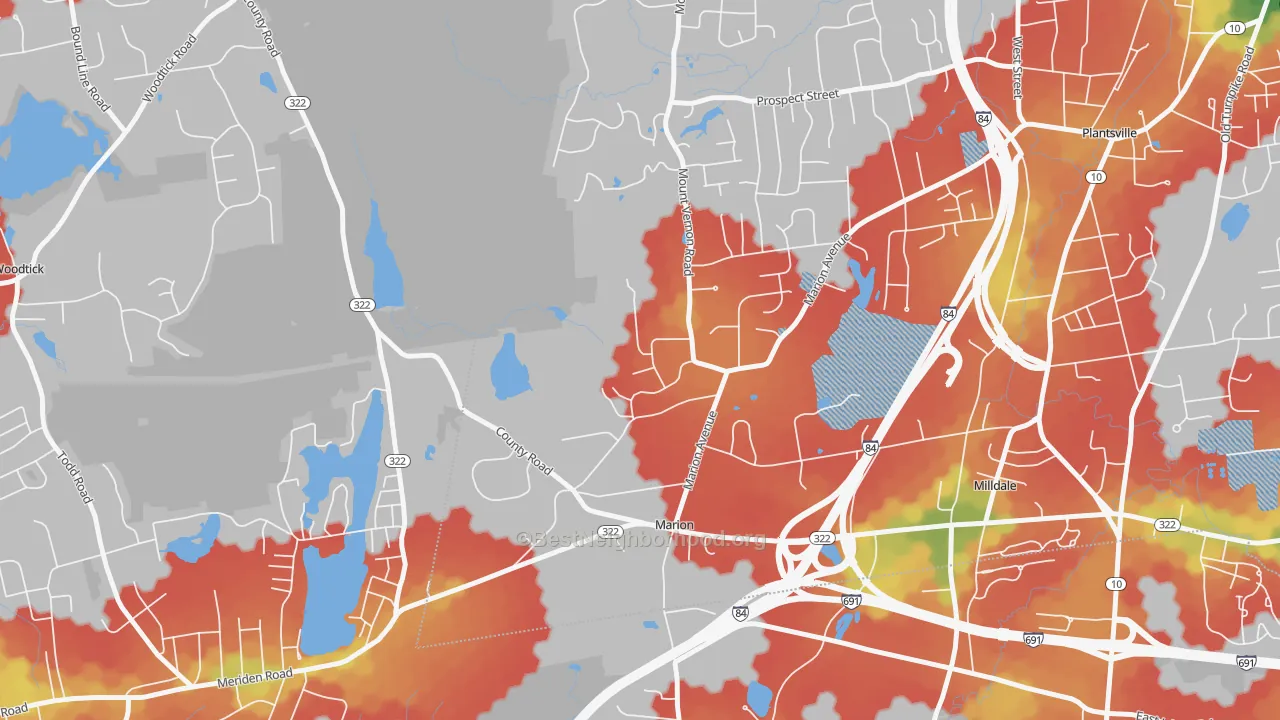 Walk Grade map of Marion, CT, walkable areas in green and car-dependent areas in red