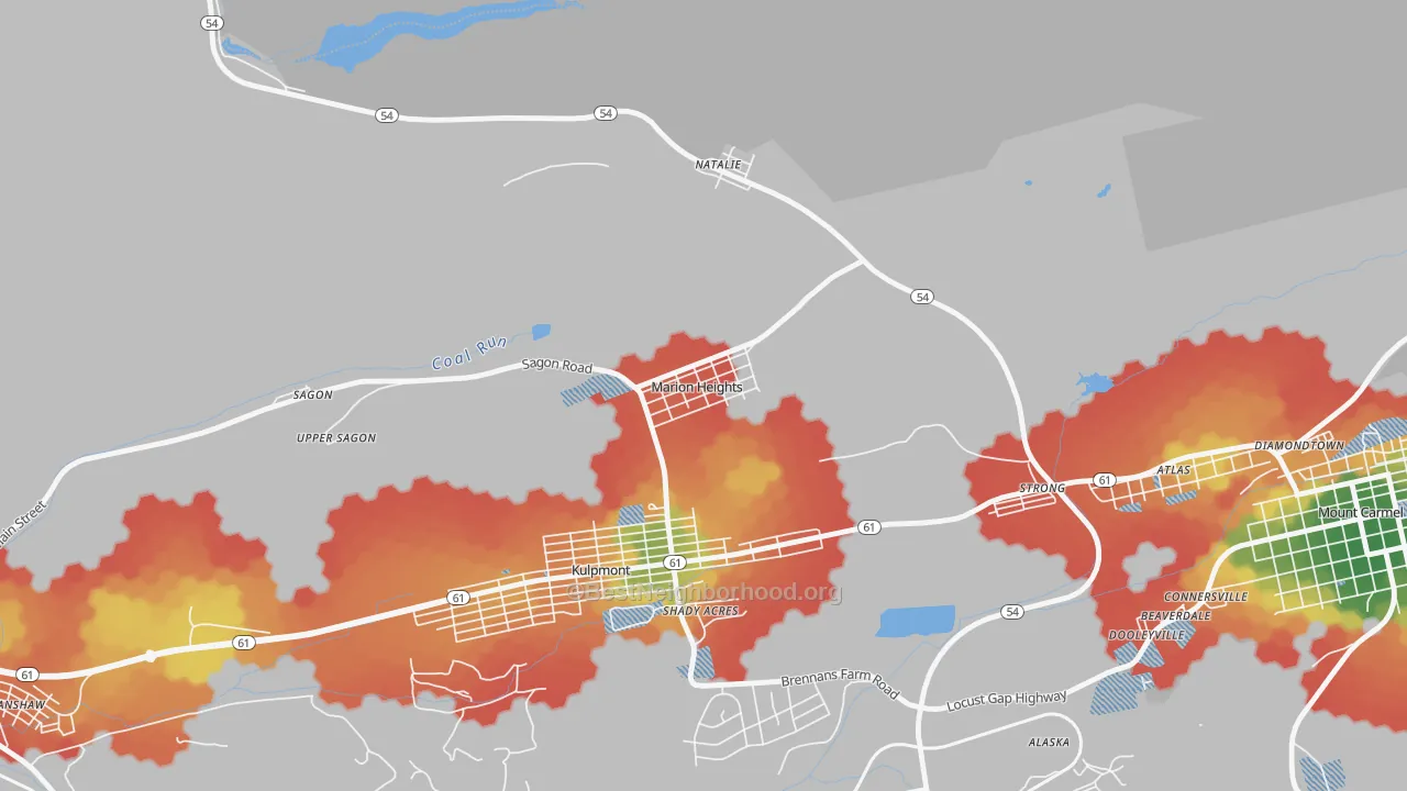 Walk Grade map of Marion Heights, PA, walkable areas in green and car-dependent areas in red