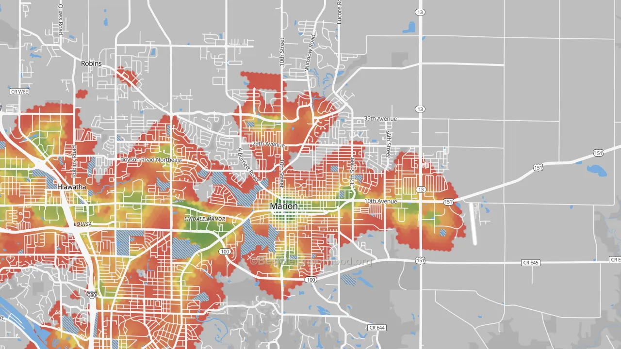 Walk Grade map of Marion, IA, walkable areas in green and car-dependent areas in red