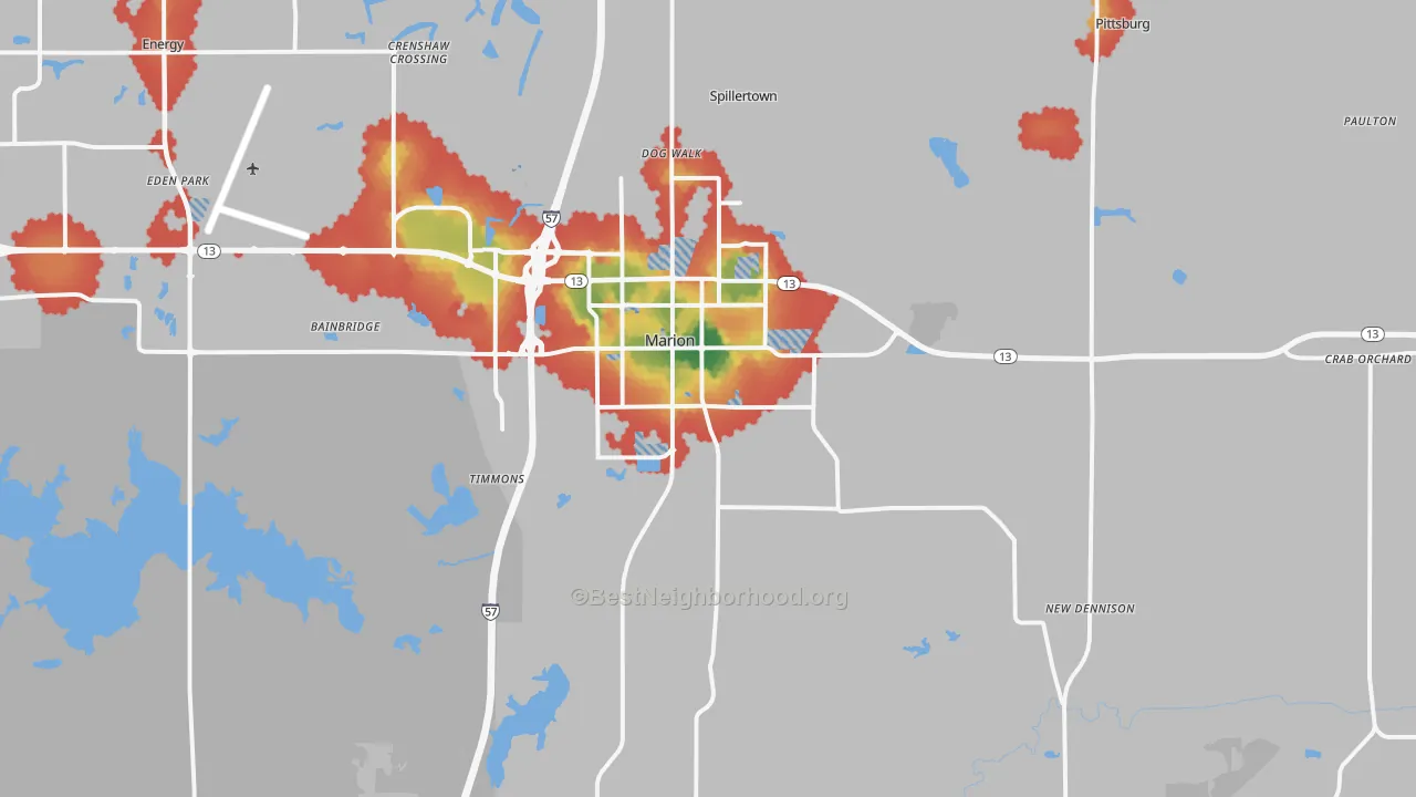 Walk Grade map of Marion, IL, walkable areas in green and car-dependent areas in red