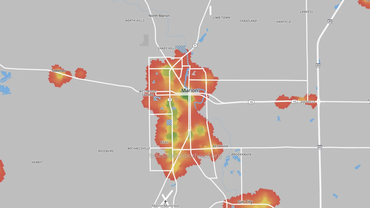 Walk Grade map of Marion, IN, walkable areas in green and car-dependent areas in red