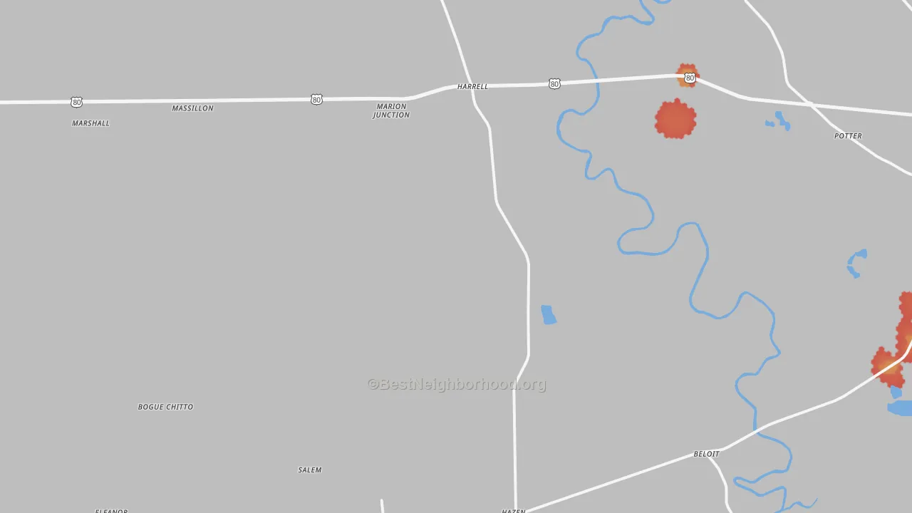 Walk Grade map of Marion Junction, AL, walkable areas in green and car-dependent areas in red