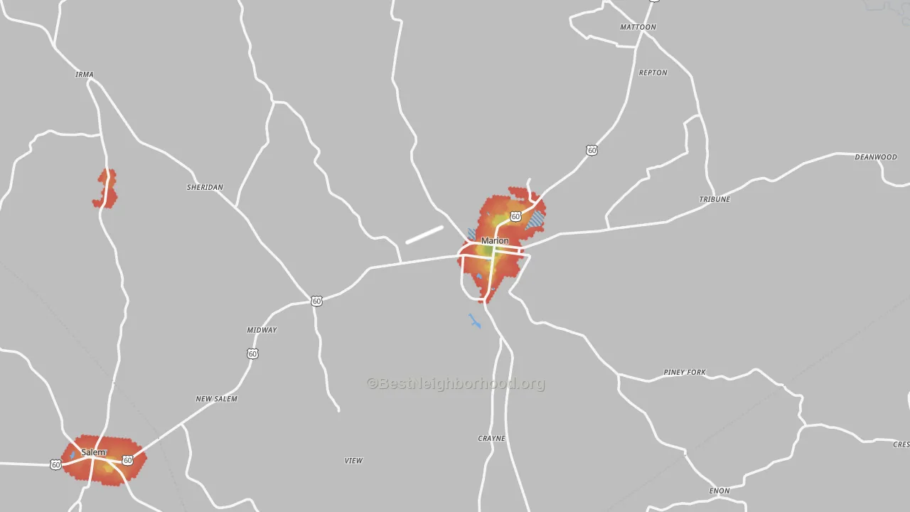 Walk Grade map of Marion, KY, walkable areas in green and car-dependent areas in red