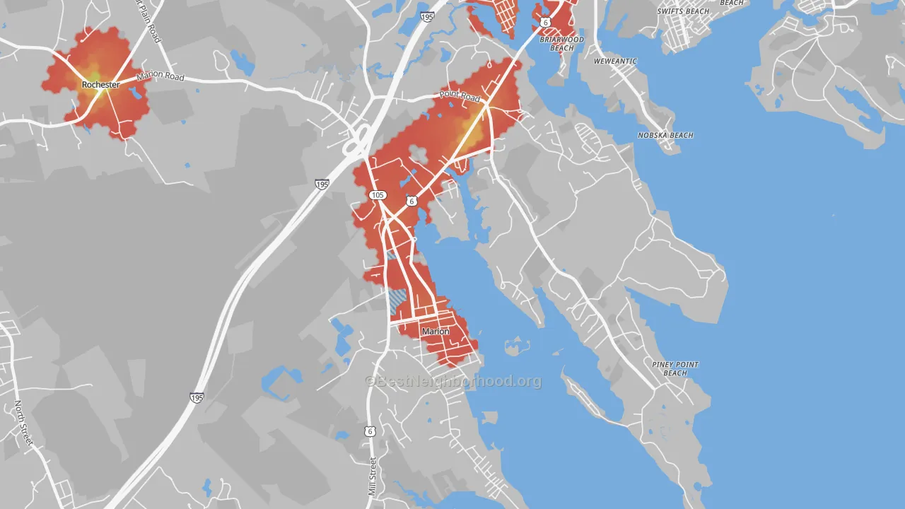 Walk Grade map of Marion, MA, walkable areas in green and car-dependent areas in red