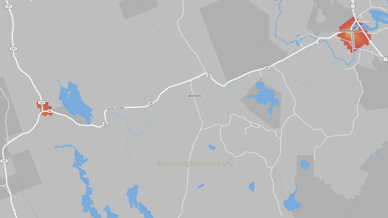 Walk Grade map of Marion, ME, walkable areas in green and car-dependent areas in red