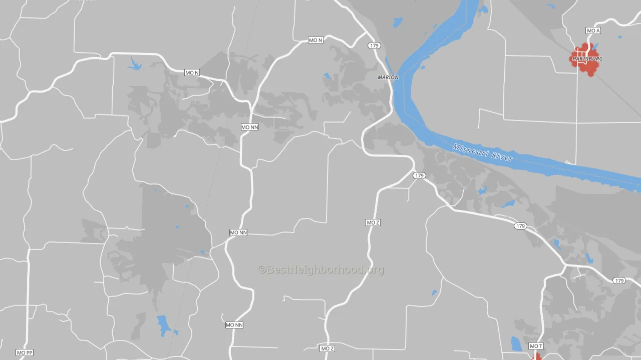 Walk Grade map of Marion, MO, walkable areas in green and car-dependent areas in red