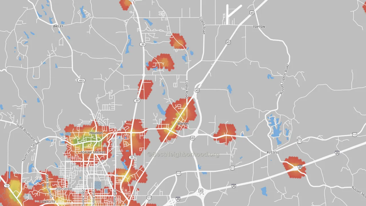 Walk Grade map of Marion, MS, walkable areas in green and car-dependent areas in red