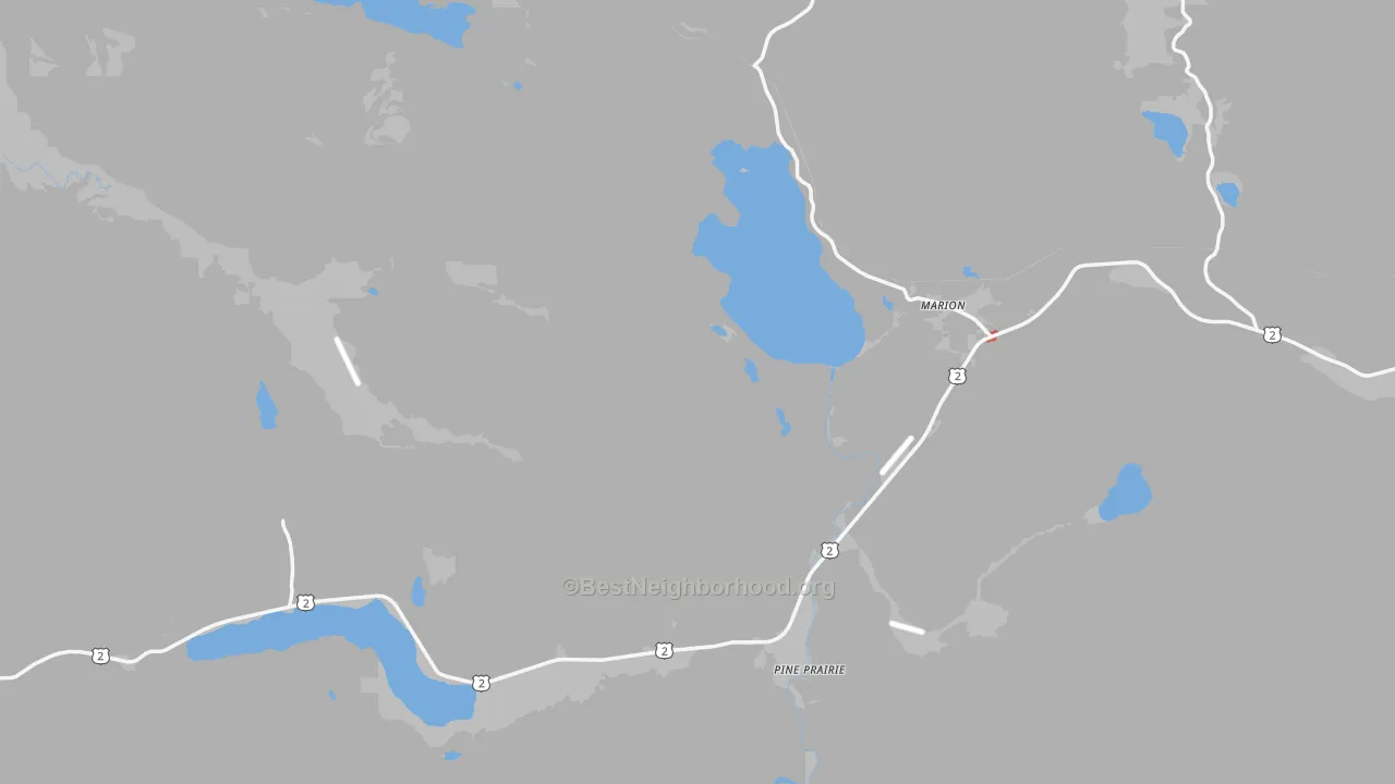 Walk Grade map of Marion, MT, walkable areas in green and car-dependent areas in red