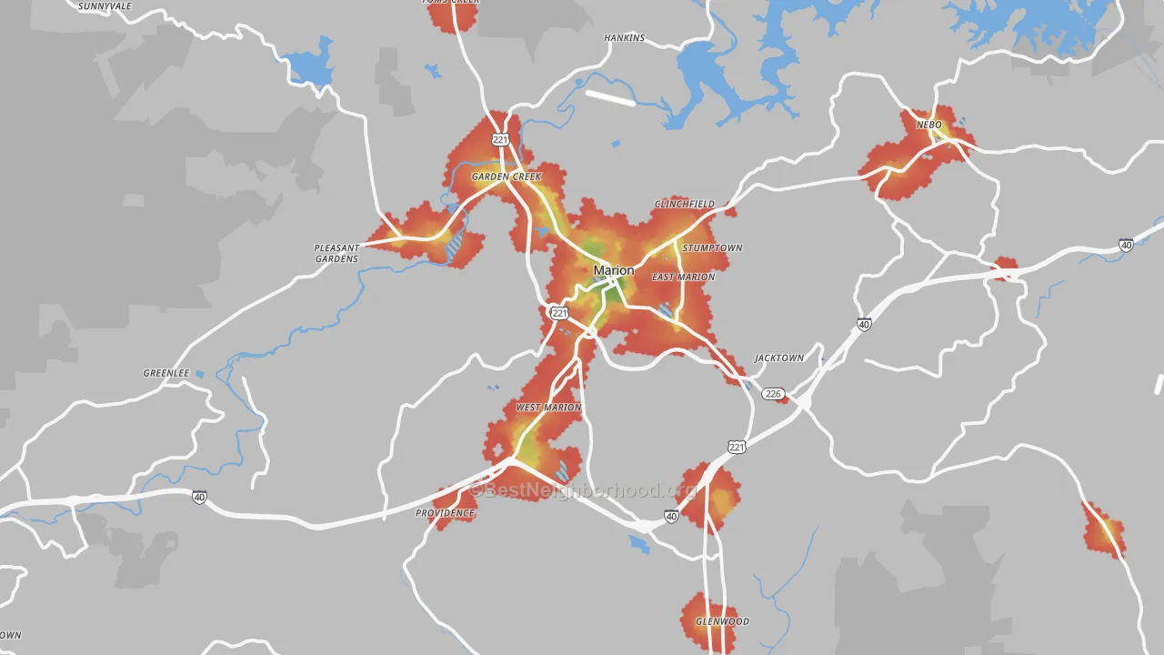 Walk Grade map of Marion, NC, walkable areas in green and car-dependent areas in red