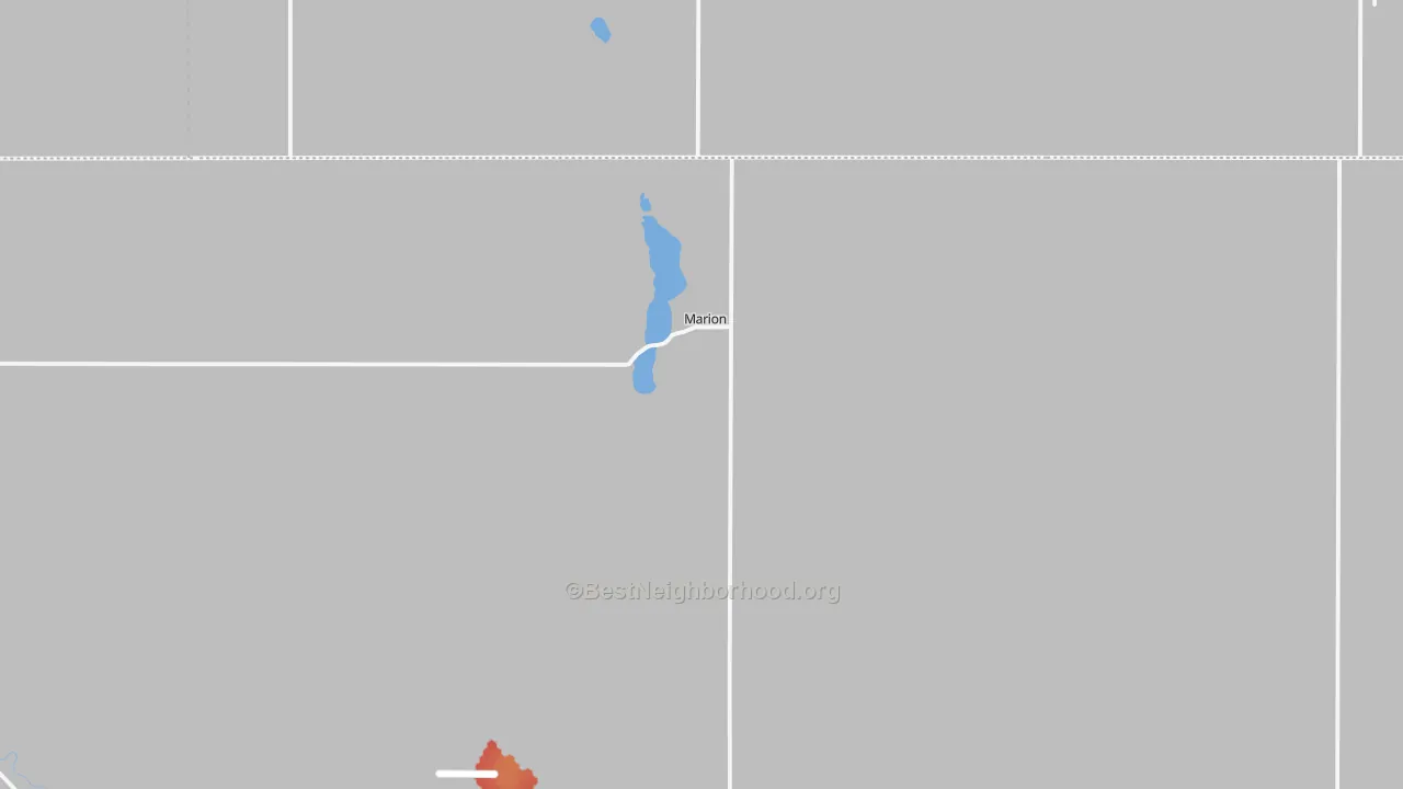 Walk Grade map of Marion, ND, walkable areas in green and car-dependent areas in red