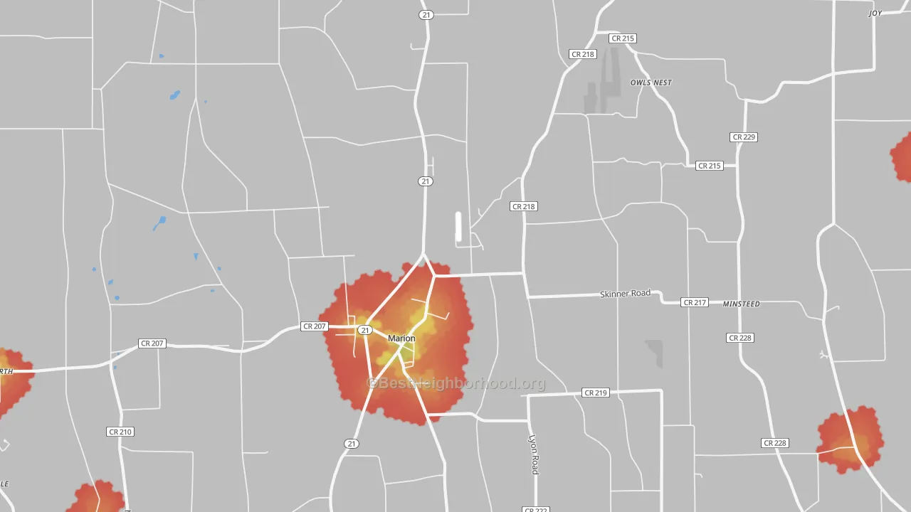 Walk Grade map of Marion, NY, walkable areas in green and car-dependent areas in red