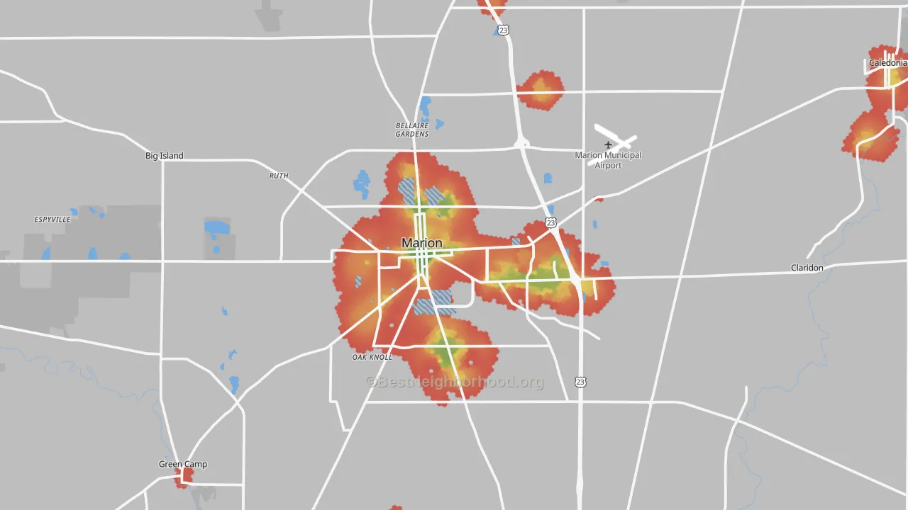 Walk Grade map of Marion, OH, walkable areas in green and car-dependent areas in red