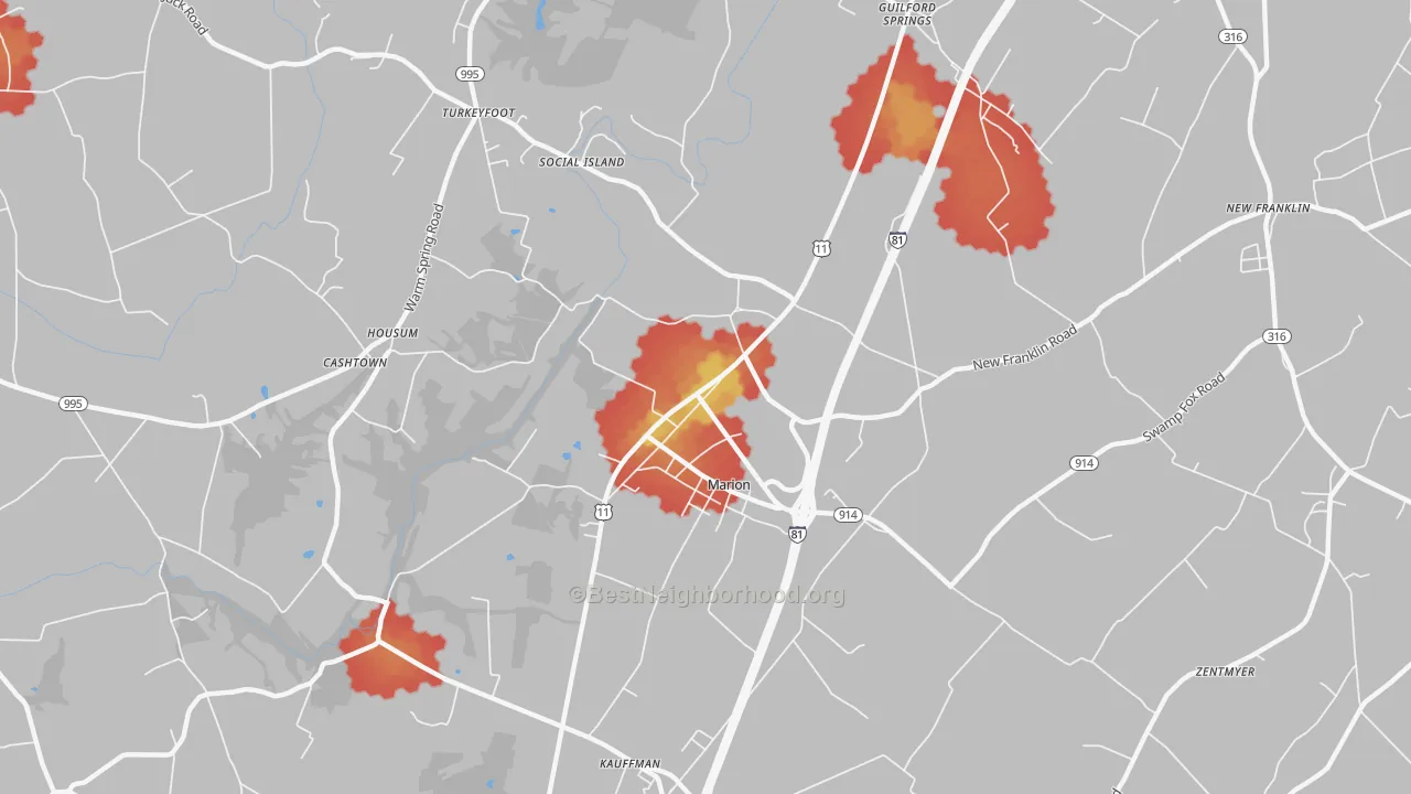 Walk Grade map of Marion, PA, walkable areas in green and car-dependent areas in red