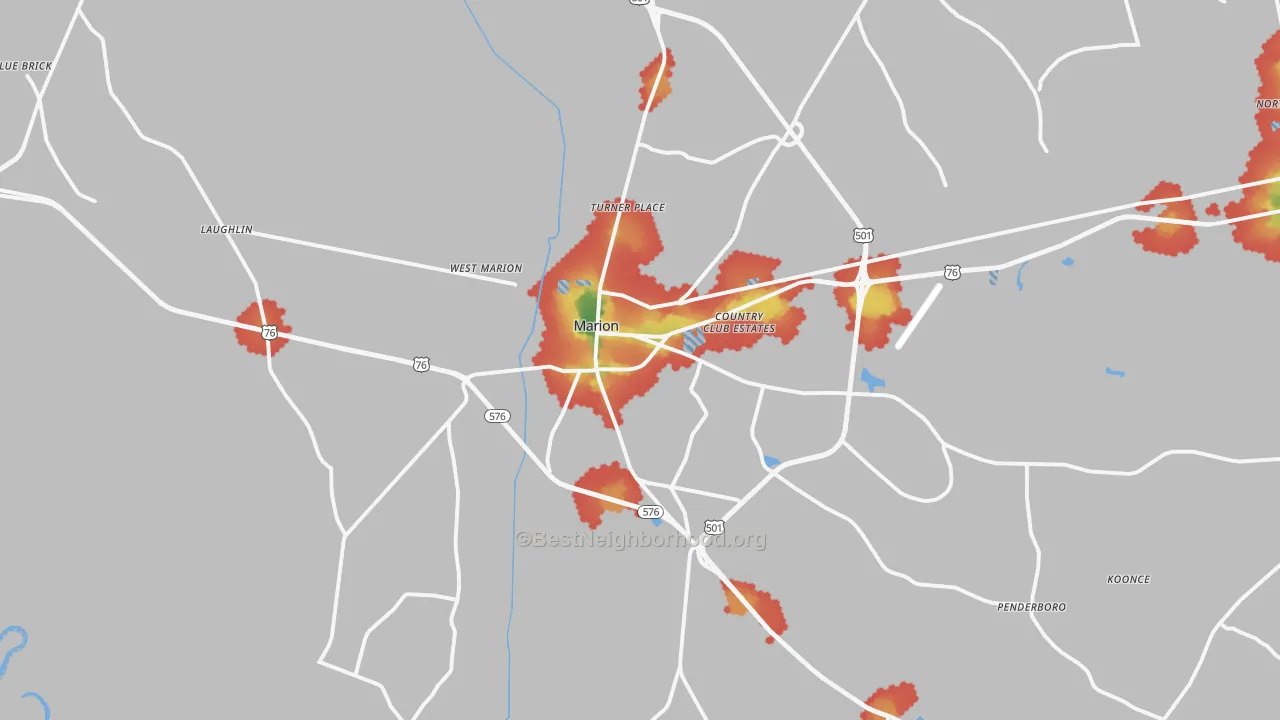 Walk Grade map of Marion, SC, walkable areas in green and car-dependent areas in red