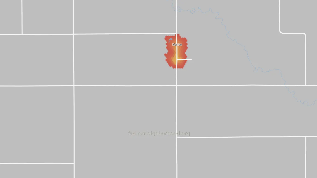 Walk Grade map of Marion, SD, walkable areas in green and car-dependent areas in red