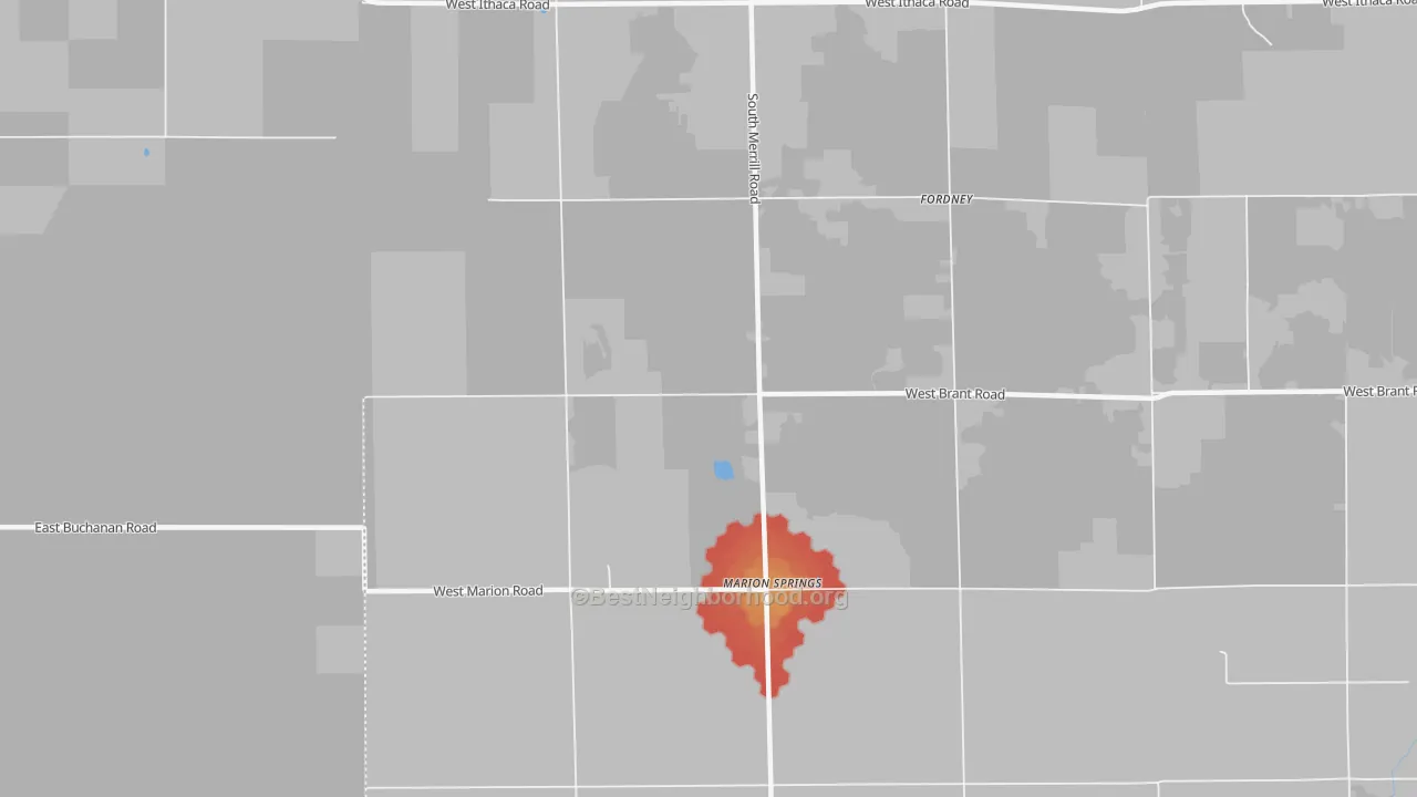Walk Grade map of Marion Springs, MI, walkable areas in green and car-dependent areas in red