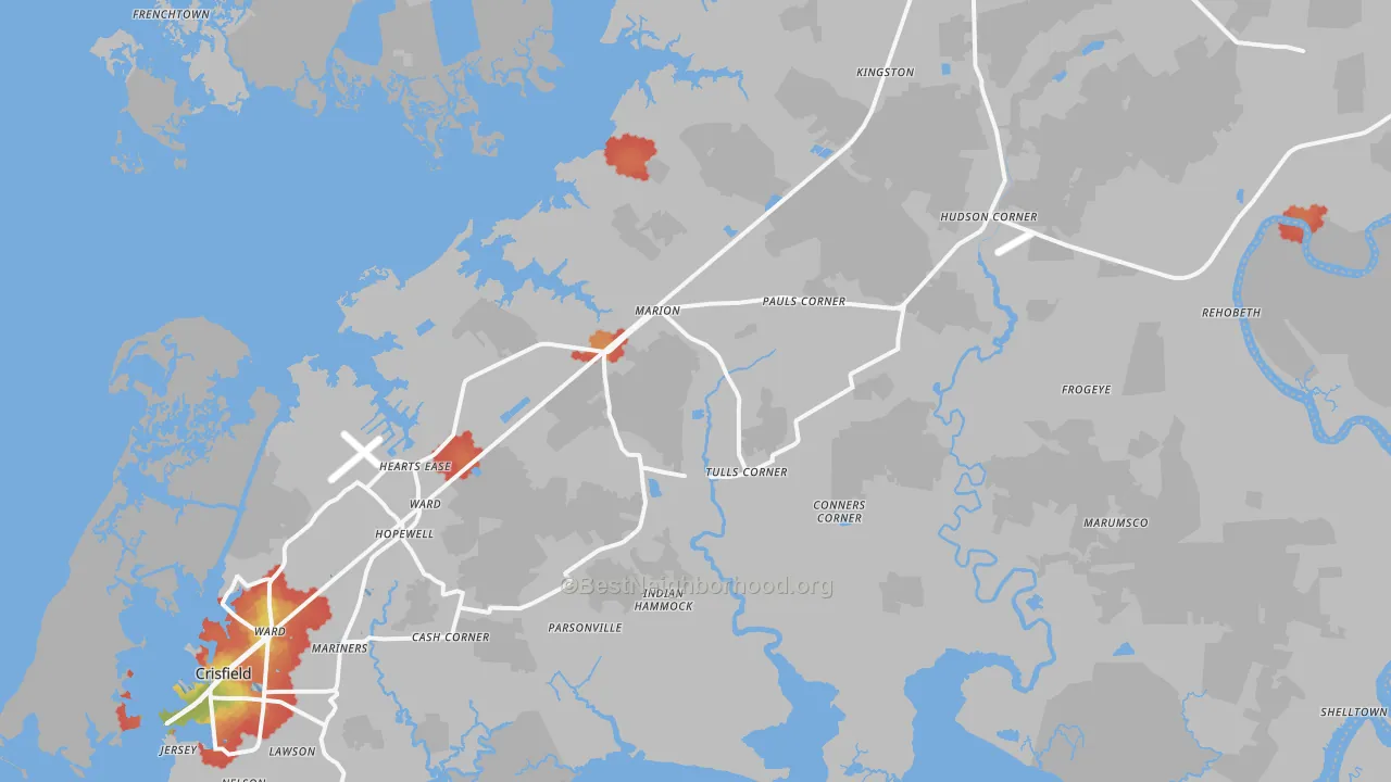 Walk Grade map of Marion Station, MD, walkable areas in green and car-dependent areas in red