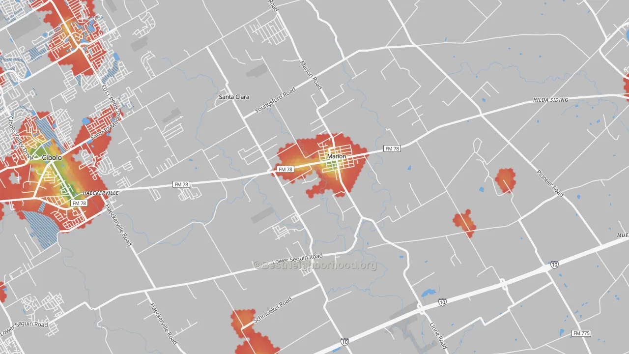 Walk Grade map of Marion, TX, walkable areas in green and car-dependent areas in red