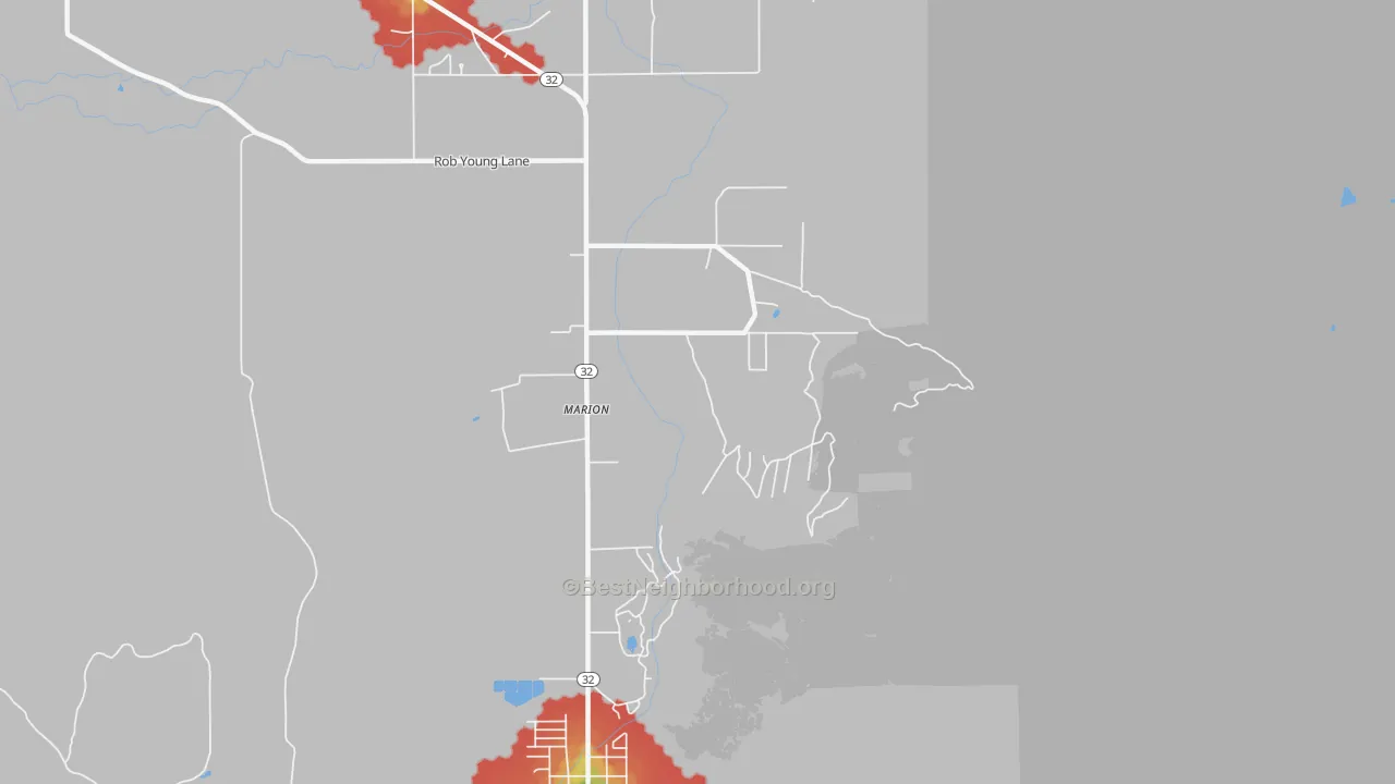 Walk Grade map of Marion, UT, walkable areas in green and car-dependent areas in red