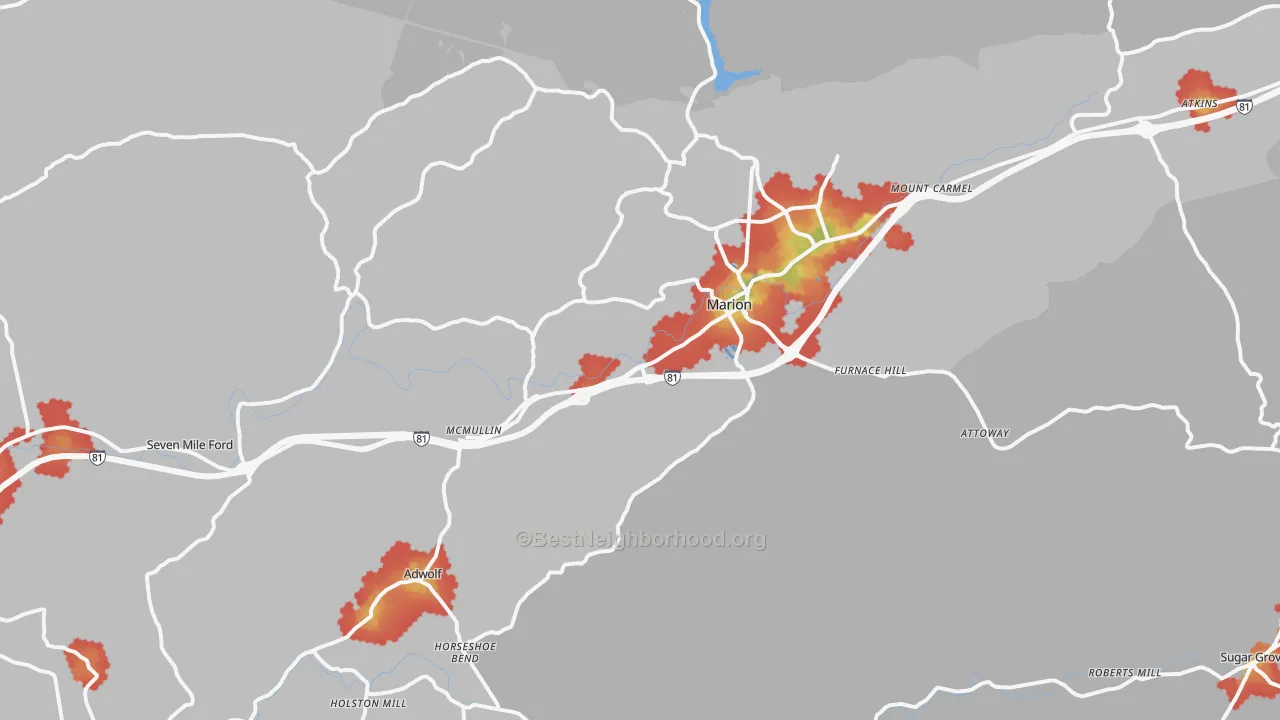 Walk Grade map of Marion, VA, walkable areas in green and car-dependent areas in red