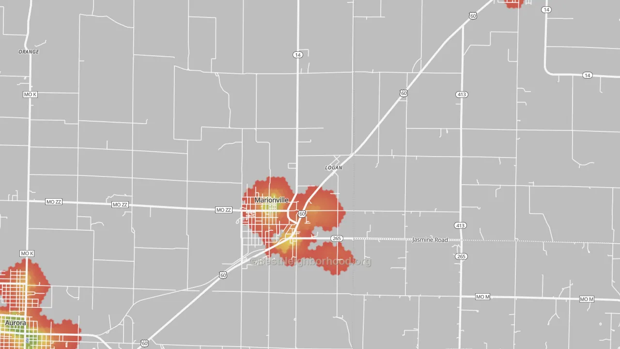 Walk Grade map of Marionville, MO, walkable areas in green and car-dependent areas in red