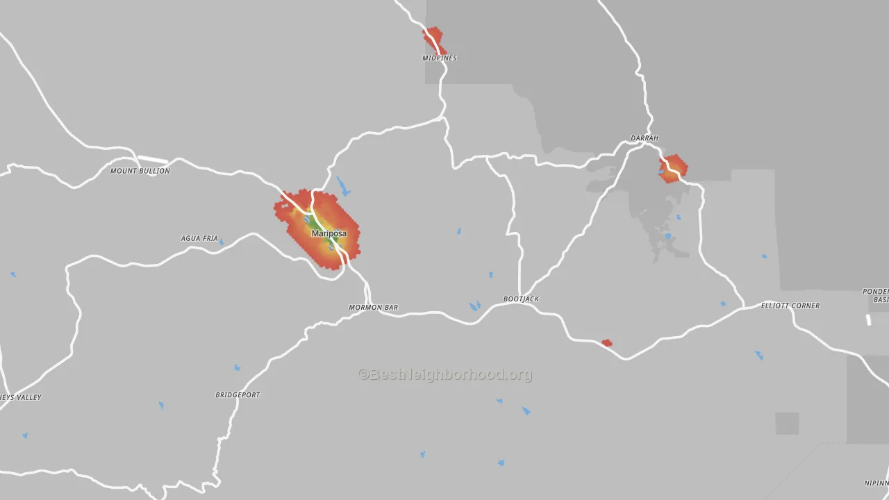 Walk Grade map of Mariposa, CA, walkable areas in green and car-dependent areas in red