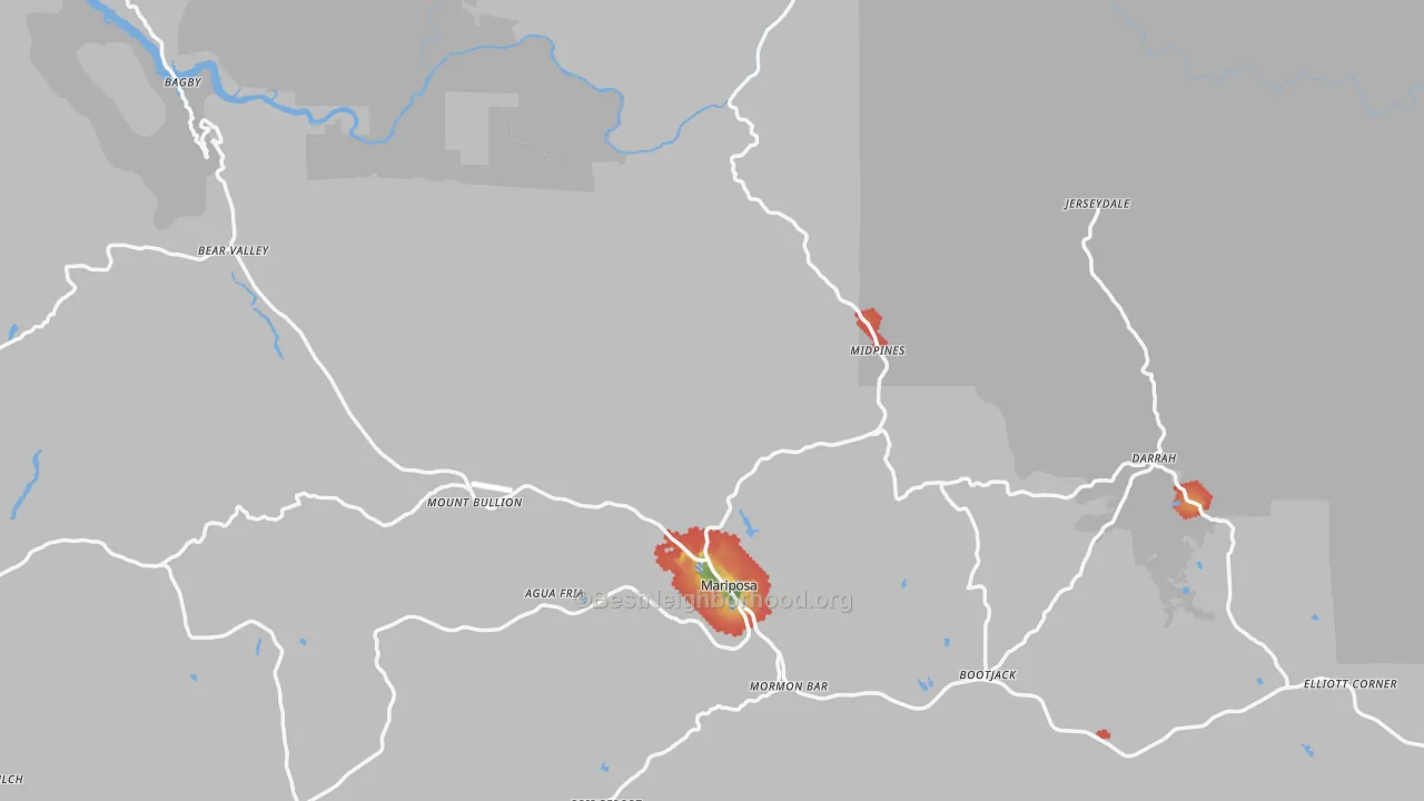 Walk Grade map of Mariposa County, CA, walkable areas in green and car-dependent areas in red