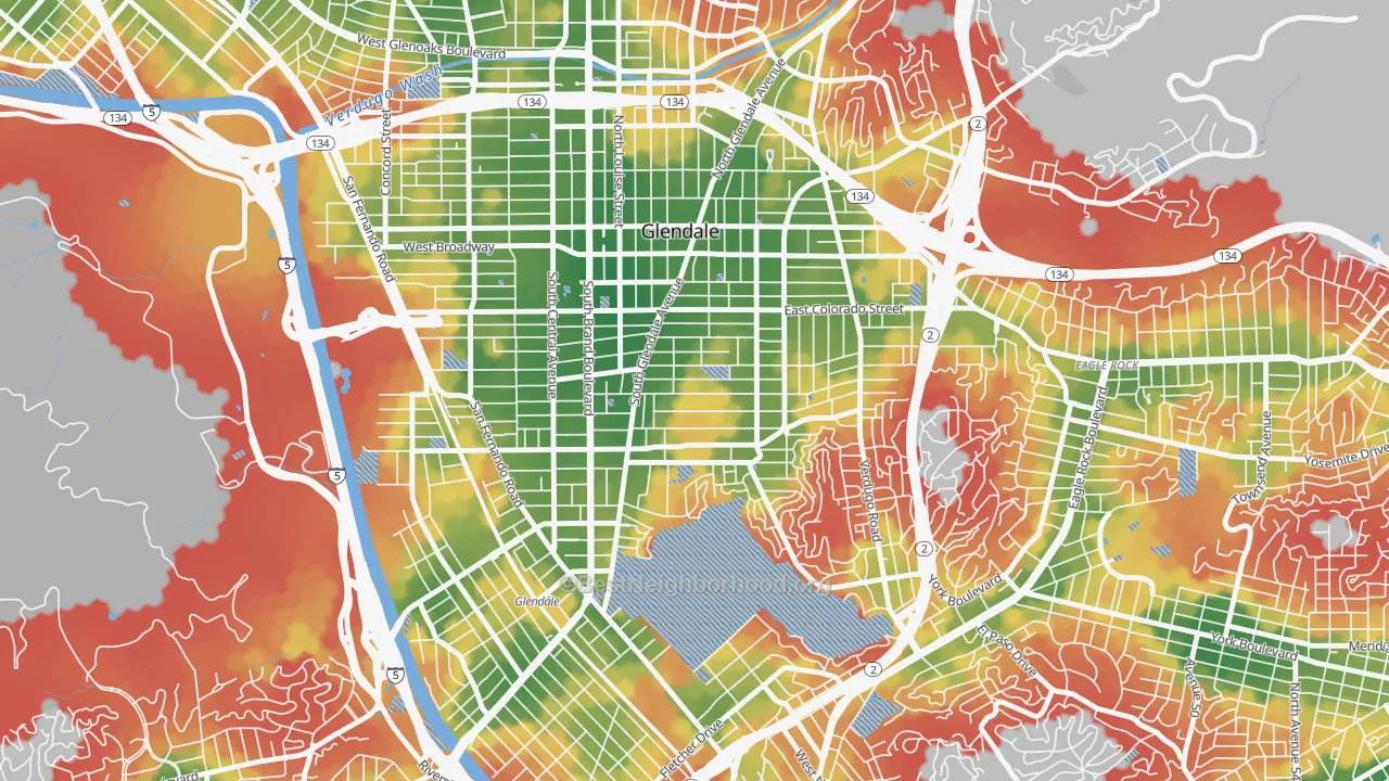 Walk Grade map of Mariposa, Glendale, CA, walkable areas in green and car-dependent areas in red