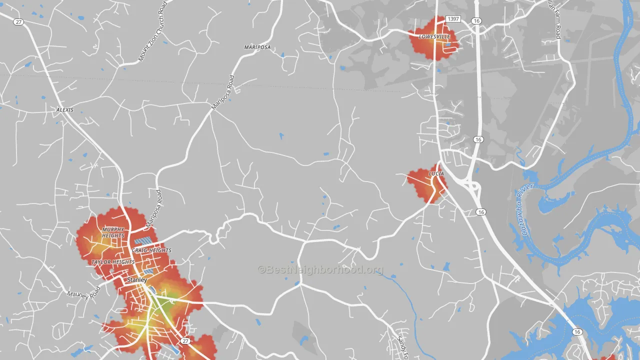 Walk Grade map of Mariposa, NC, walkable areas in green and car-dependent areas in red