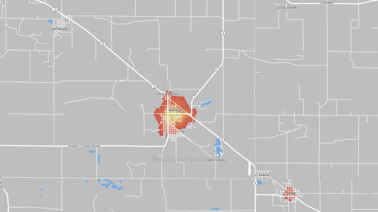 Walk Grade map of Marissa, IL, walkable areas in green and car-dependent areas in red