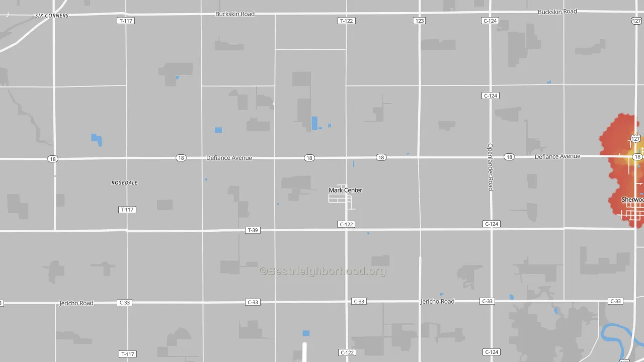 Walk Grade map of Mark Center, OH, walkable areas in green and car-dependent areas in red