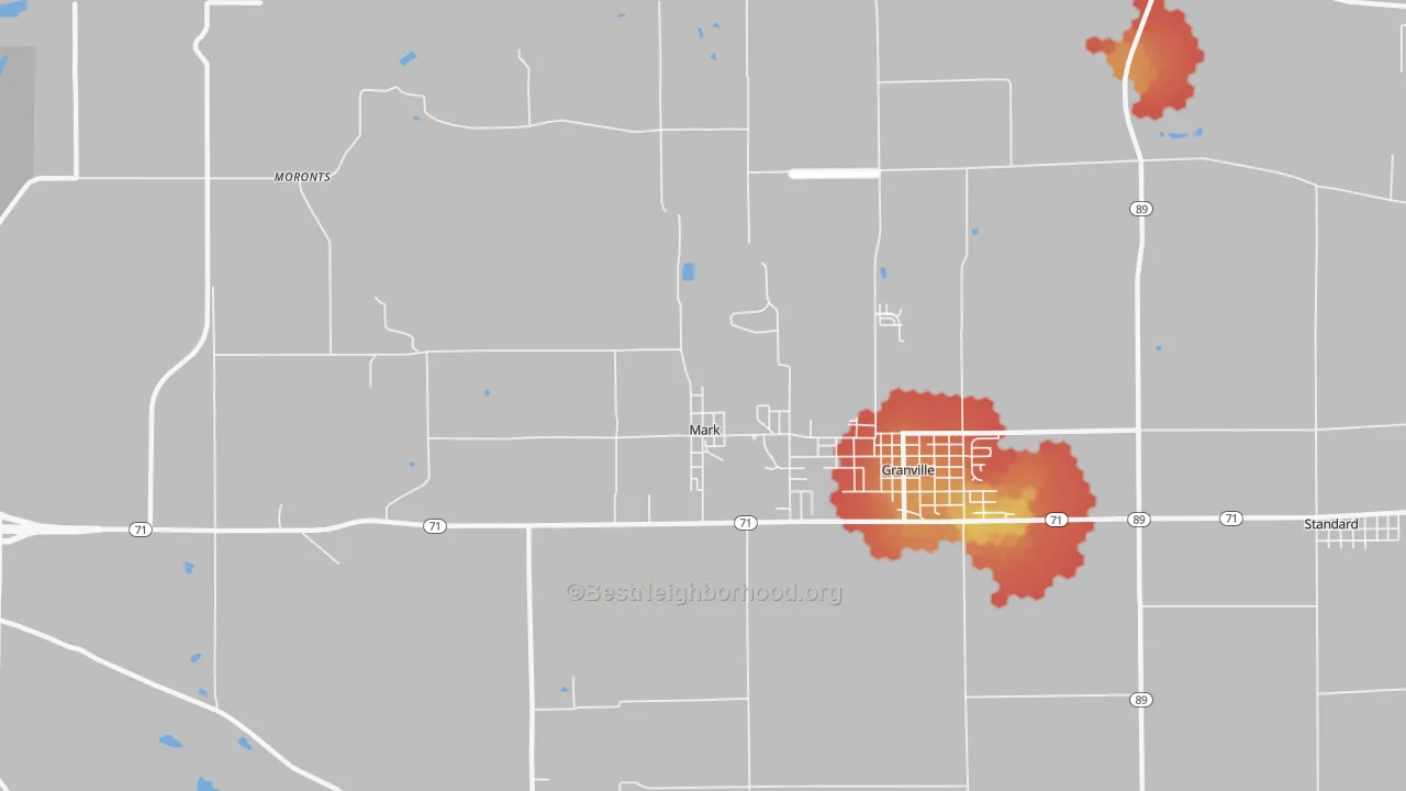 Walk Grade map of Mark, IL, walkable areas in green and car-dependent areas in red