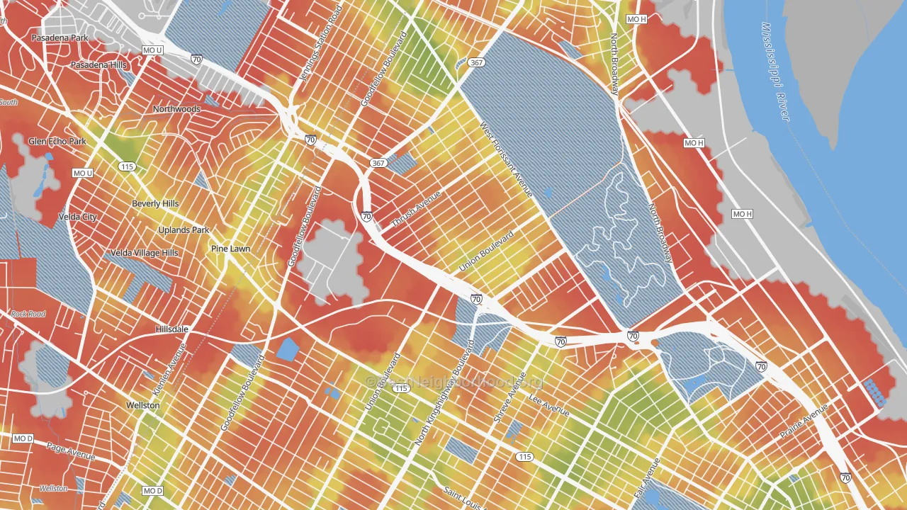 Walk Grade map of Mark Twain, St. Louis, MO, walkable areas in green and car-dependent areas in red