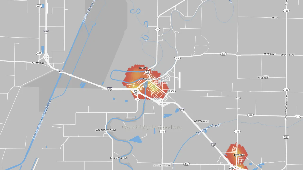 Walk Grade map of Marked Tree, AR, walkable areas in green and car-dependent areas in red