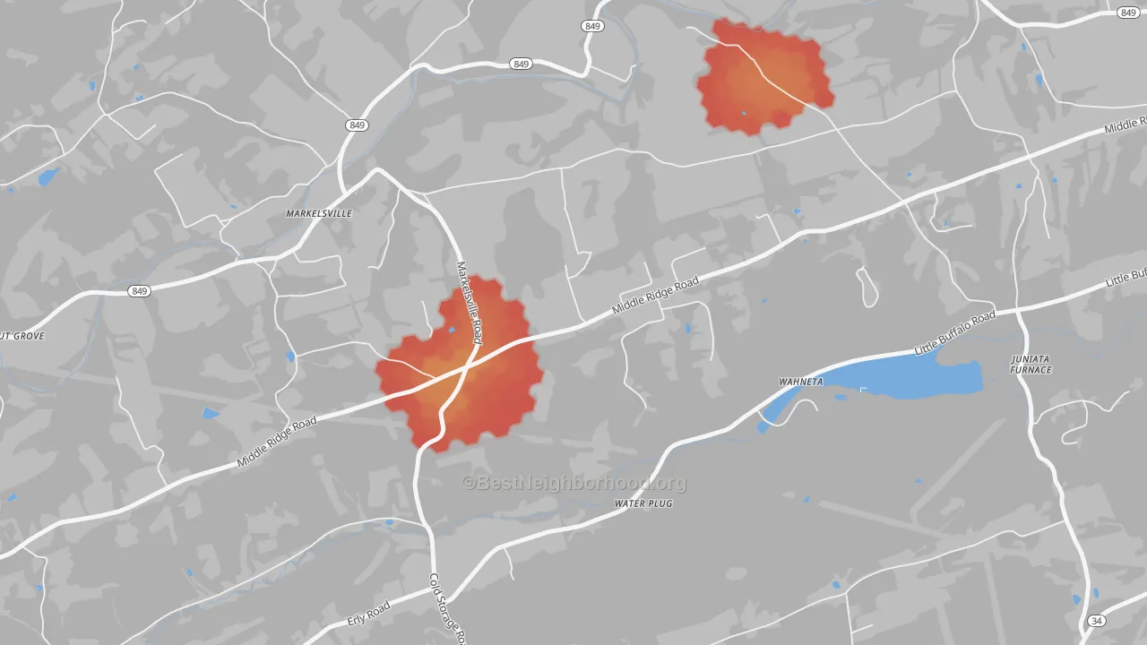 Walk Grade map of Markelsville, PA, walkable areas in green and car-dependent areas in red