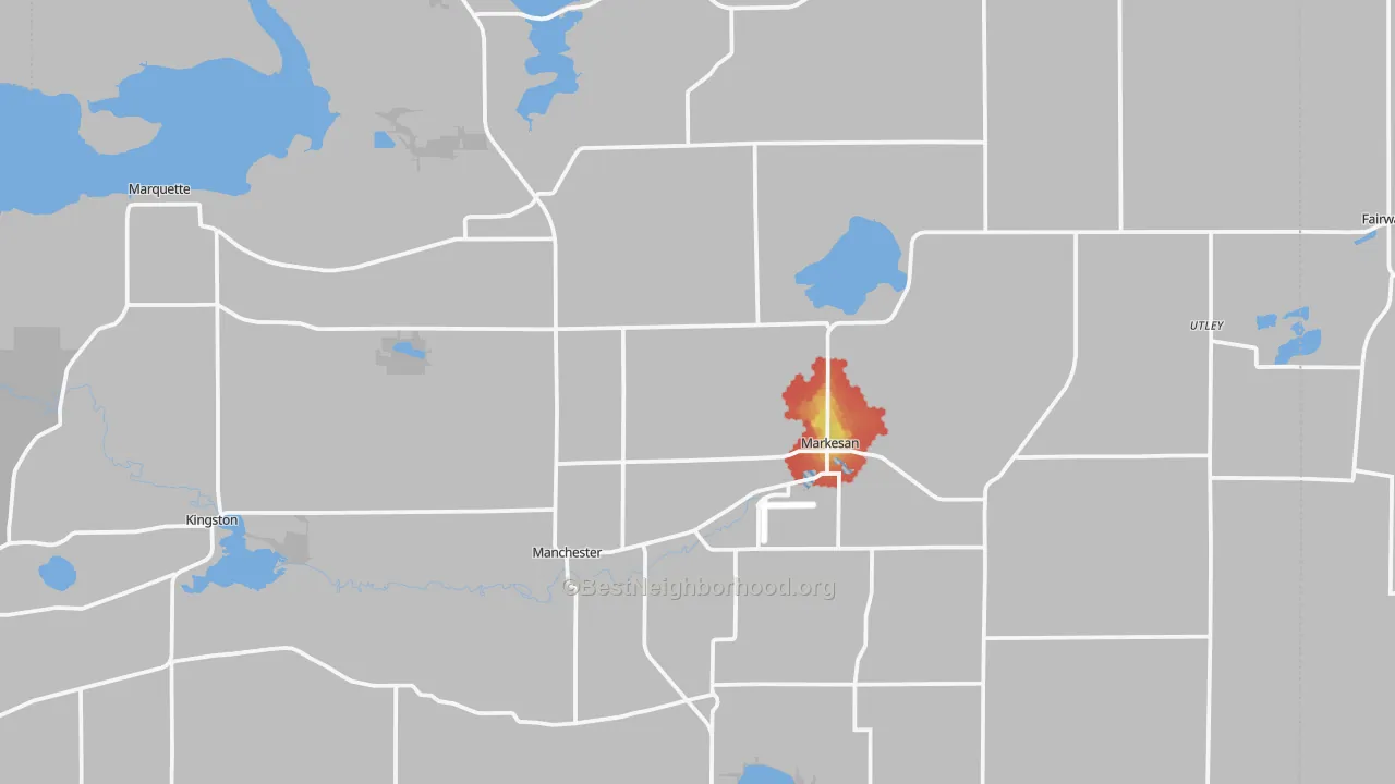 Walk Grade map of Markesan, WI, walkable areas in green and car-dependent areas in red