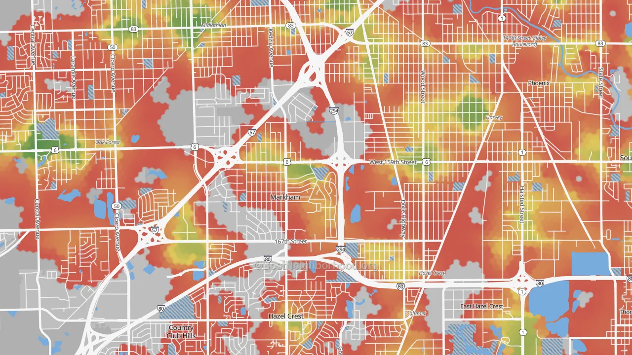 Walk Grade map of Markham, IL, walkable areas in green and car-dependent areas in red