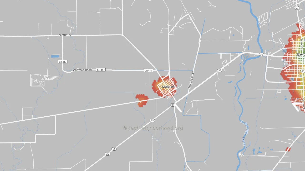 Walk Grade map of Markham, TX, walkable areas in green and car-dependent areas in red