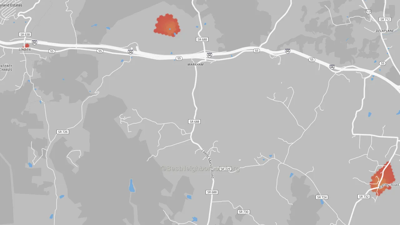 Walk Grade map of Markham, VA, walkable areas in green and car-dependent areas in red