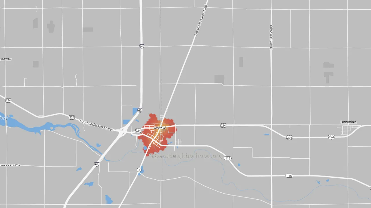 Walk Grade map of Markle, IN, walkable areas in green and car-dependent areas in red