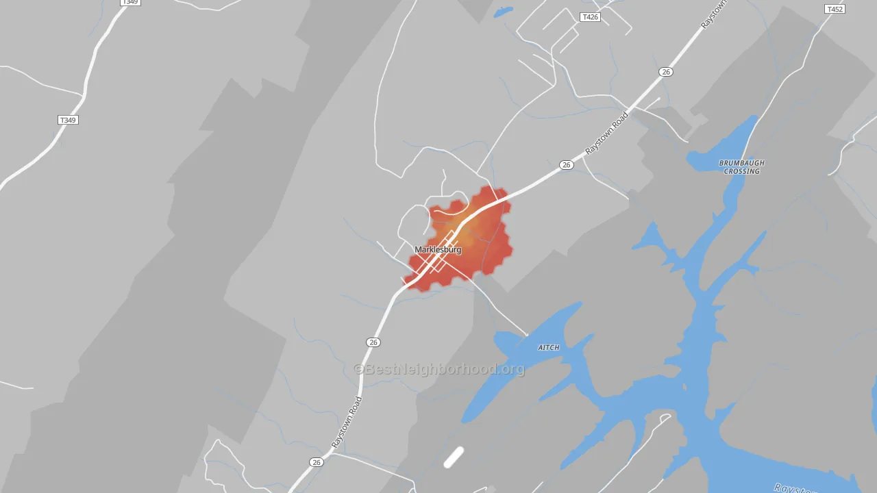 Walk Grade map of Marklesburg, PA, walkable areas in green and car-dependent areas in red